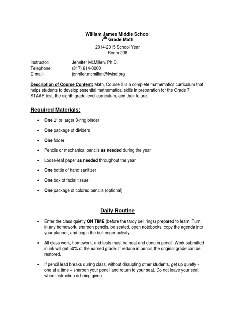 wjms 7th grade math syllabus 20142015 Homework Educational Assessment