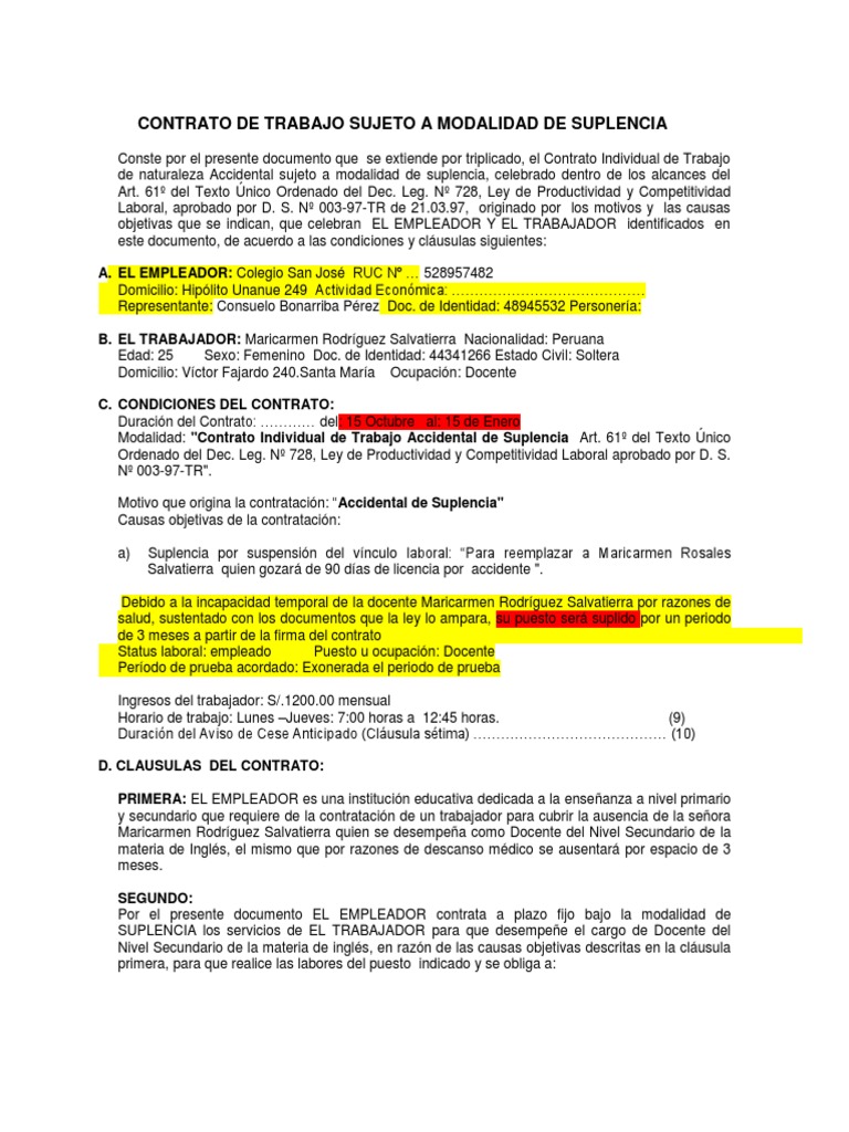 Contrato de Trabajo Sujeto A Modalidad de Suplencia Corregido | PDF ...