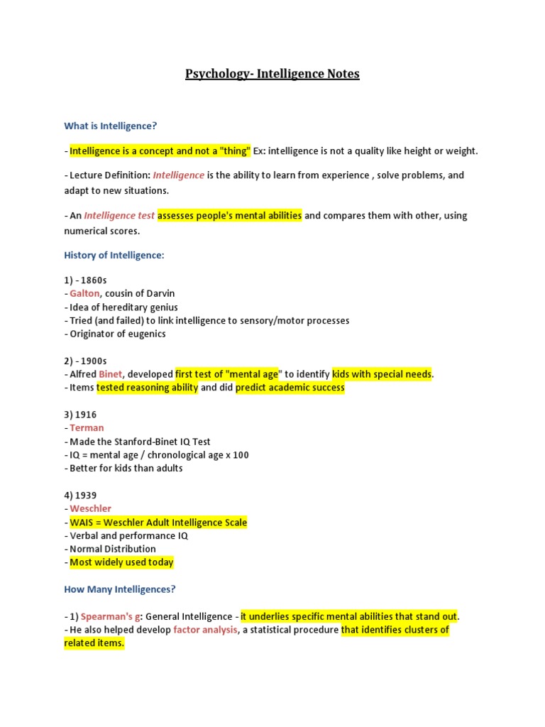 Psychology - Intelligence Notes | PDF | Intelligence | Intelligence Quotient