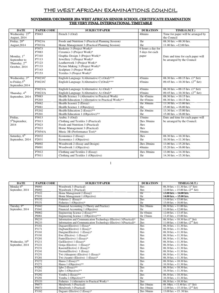Wassce Timetable PDF Agriculture