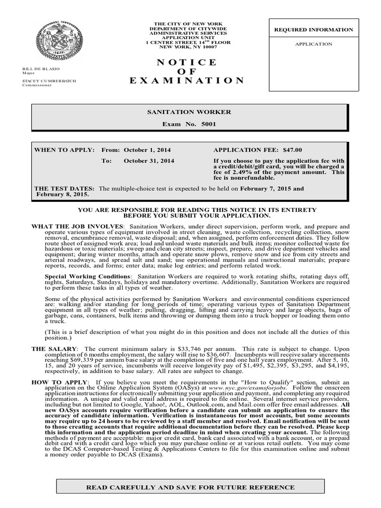 Notice OF Examination Sanitation Worker Exam No. 5001 PDF Identity