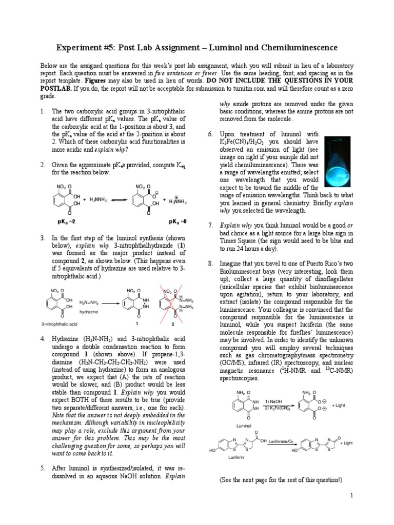Experiment 5 Post Lab Assignment Luminol and Chemiluminescence