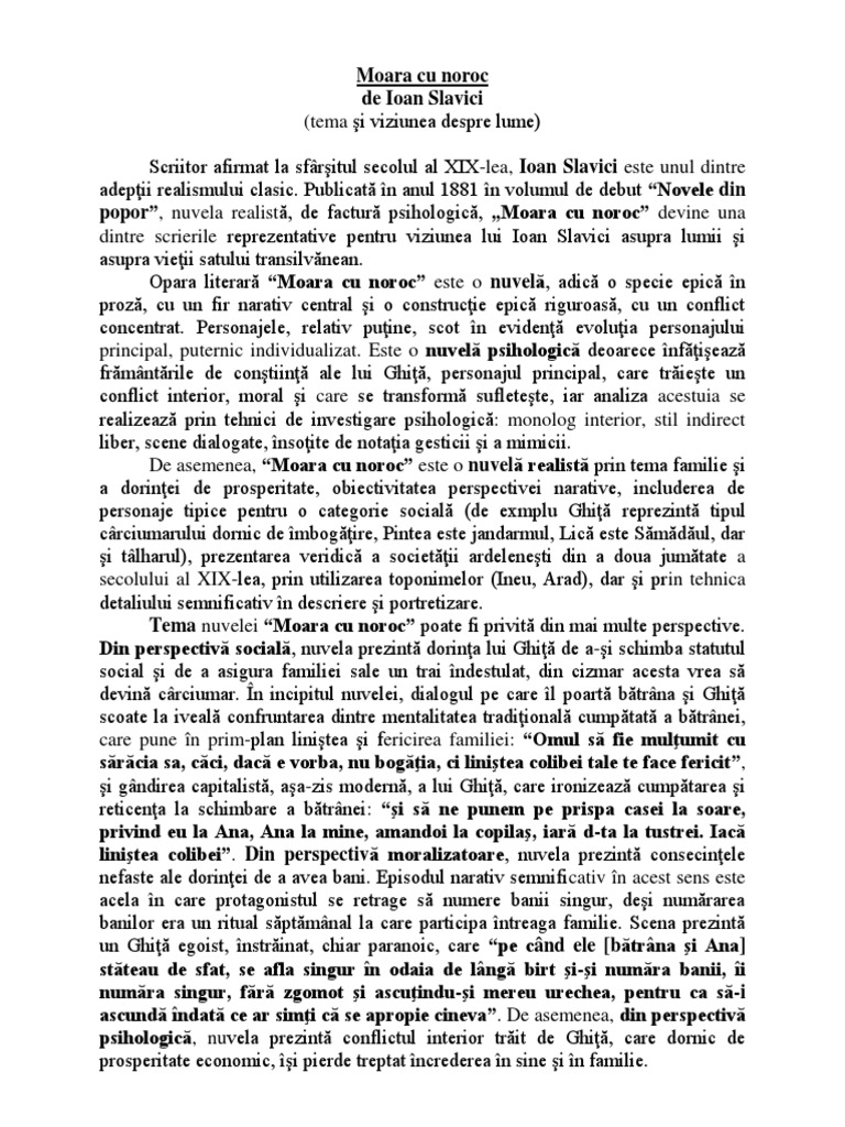 Moara Cu Noroc Tema Si Viziunea Despre Lume