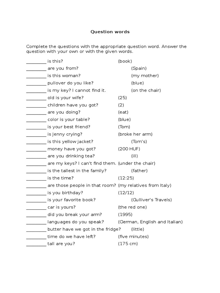 Question Words Practice Exercise | PDF | Language Arts & Discipline ...