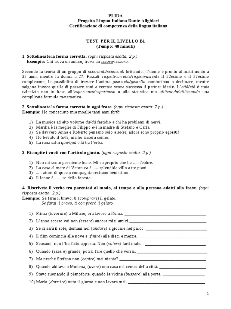 European Classification of Languages - Test of Italian B1 (Treshold) | PDF