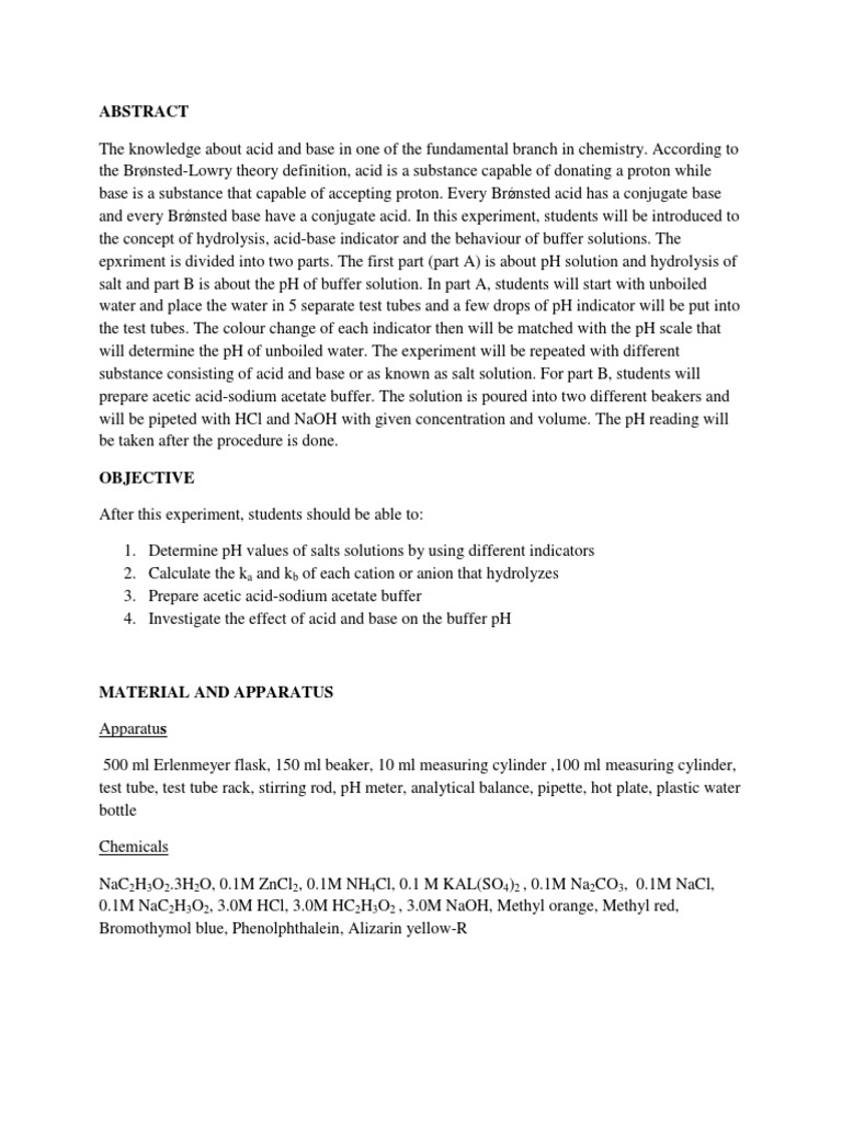 HYDROLYSIS OF SALTS AND PH OF BUFFER SOLUTIONS PDF Acid Ph