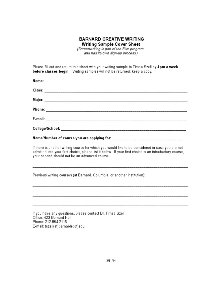 Barnard Creative Writing Writing Sample Cover Sheet | PDF | Career & Growth