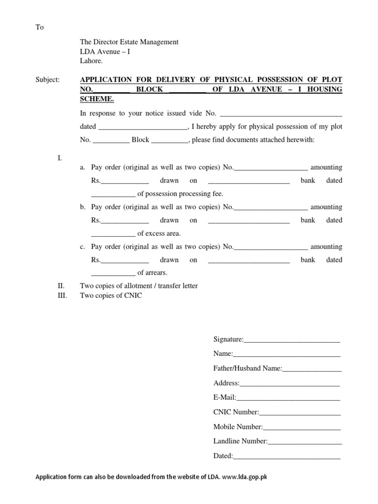 LDA Physical Possession Application Form | PDF