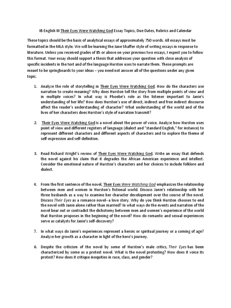 Ib English Iii Their Eyes Were Watching God Essay Topics Essays Languages