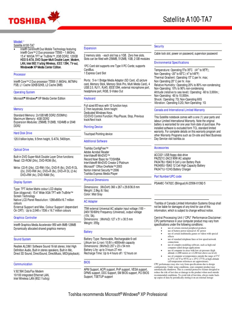 Satellite A100-TA7: Model | PDF | Dvd | Media Technology