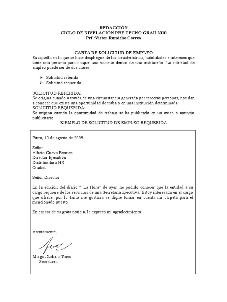 Carta de Solicitud de Empleo  Business  Negocios