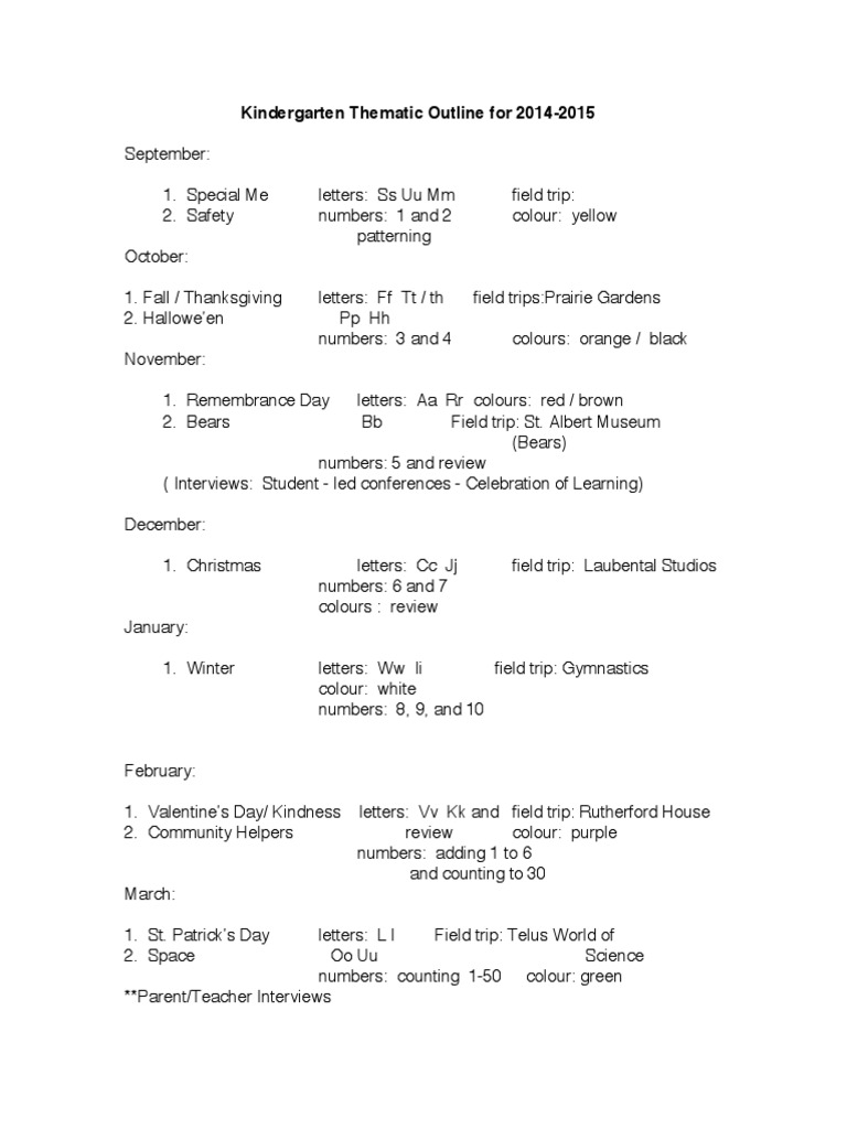 Kindergarten Thematic Outline For 14-15 | PDF | Teaching And Learning ...