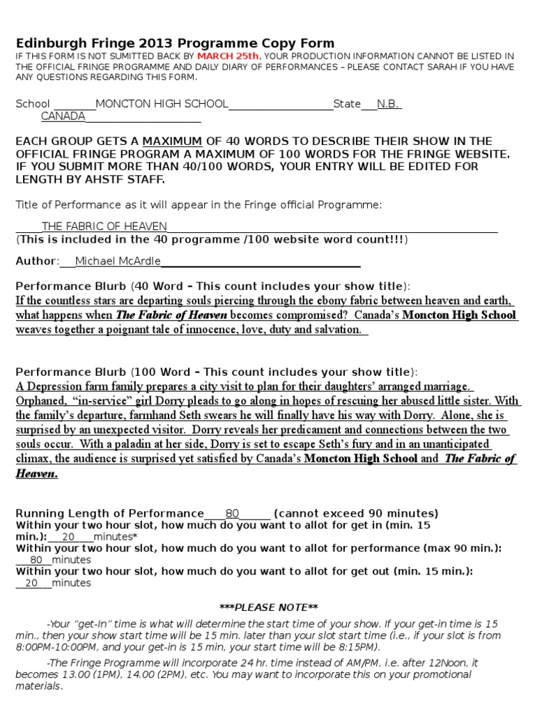 Edinburgh Fringe 2013 Programme Copy Form: Becomes Compromised? Canada ...