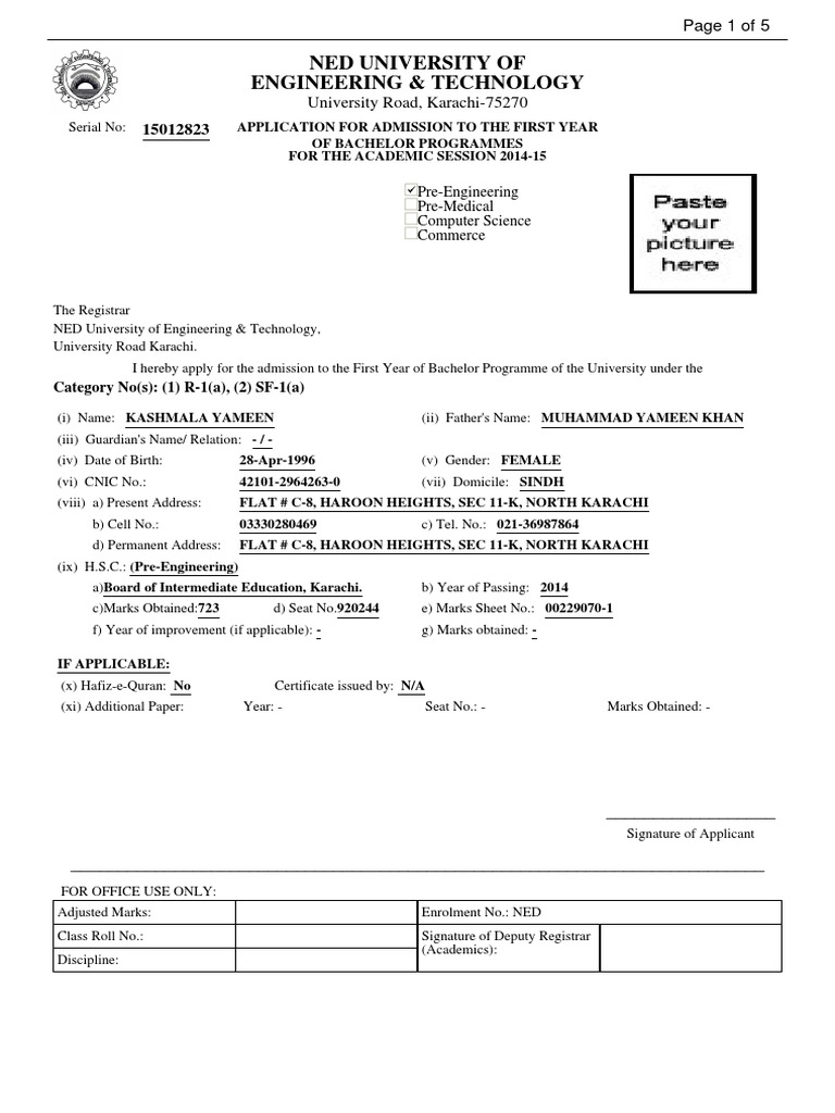 NED ADMISSION FORM 2014m University And College Admission