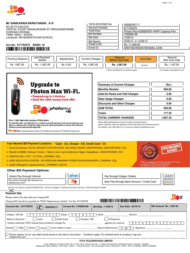 TATA Docomo Photon Plus Bill Summary | PDF | Cheque | Invoice