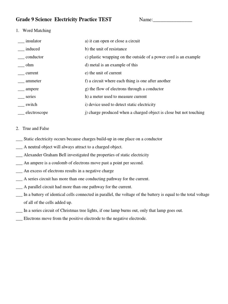Grade 9 Electricity Practice Test | PDF | Series And Parallel Circuits ...