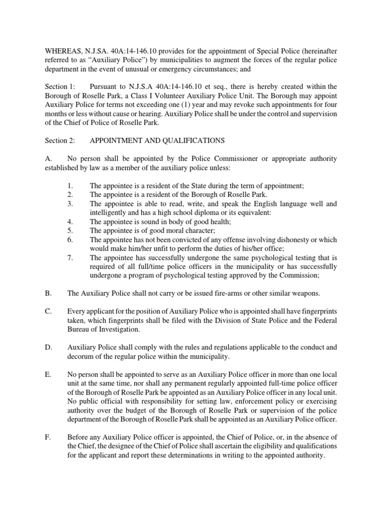 Roselle Park Model Ordinance For Auxiliary Police PDF Police