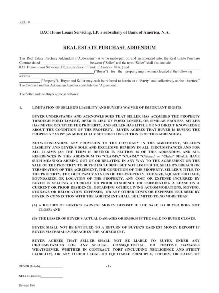 REO Purchase Addendum for Bank of America | PDF | Indemnity | Deed