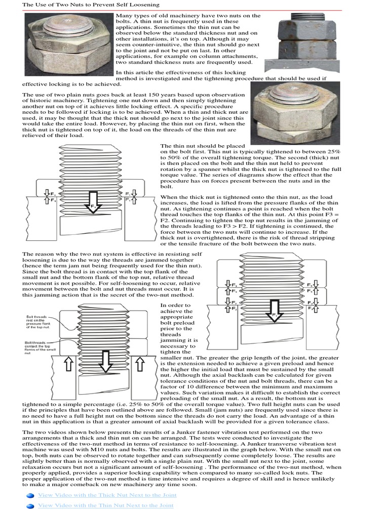 The Use of Two Nuts To Prevent Self Loosening of Fasteners PDF Nut