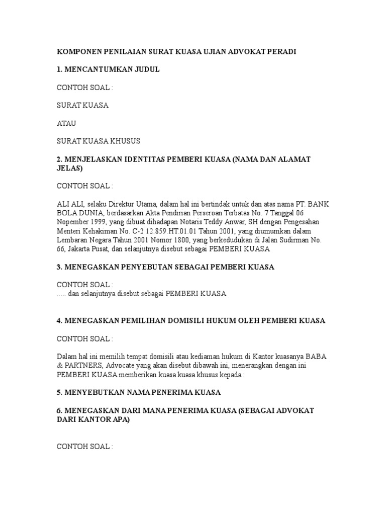 Komponen Penilaian Surat Kuasa Ujian  Advokat  Peradi Komponen Penilaian Surat Kuasa Ujian  Advokat  Peradi