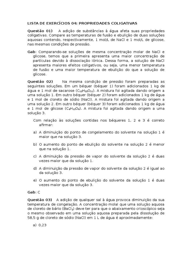 Exercícios sobre Propriedades Coligativas | PDF | Solução | Etanol