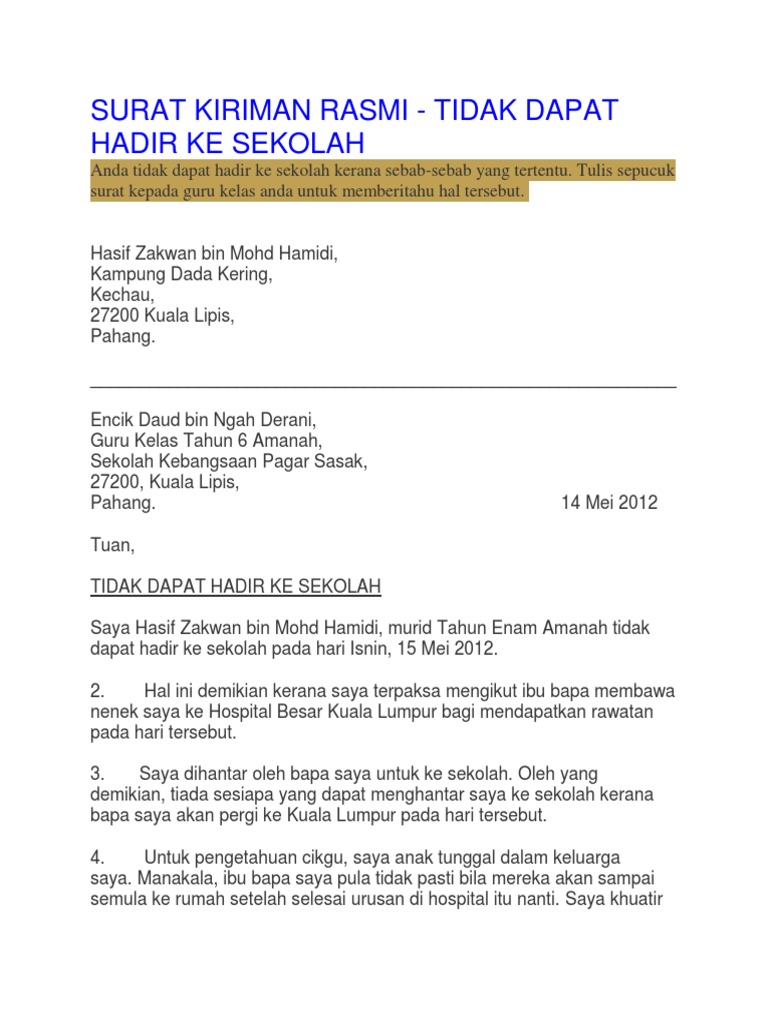 Contoh Surat Tidak Hadir Ke Sekolah Tanpa Sijil Sakit 