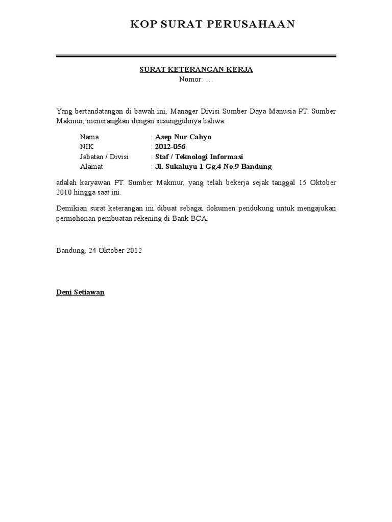 Contoh Surat Keterangan Kerjadoc