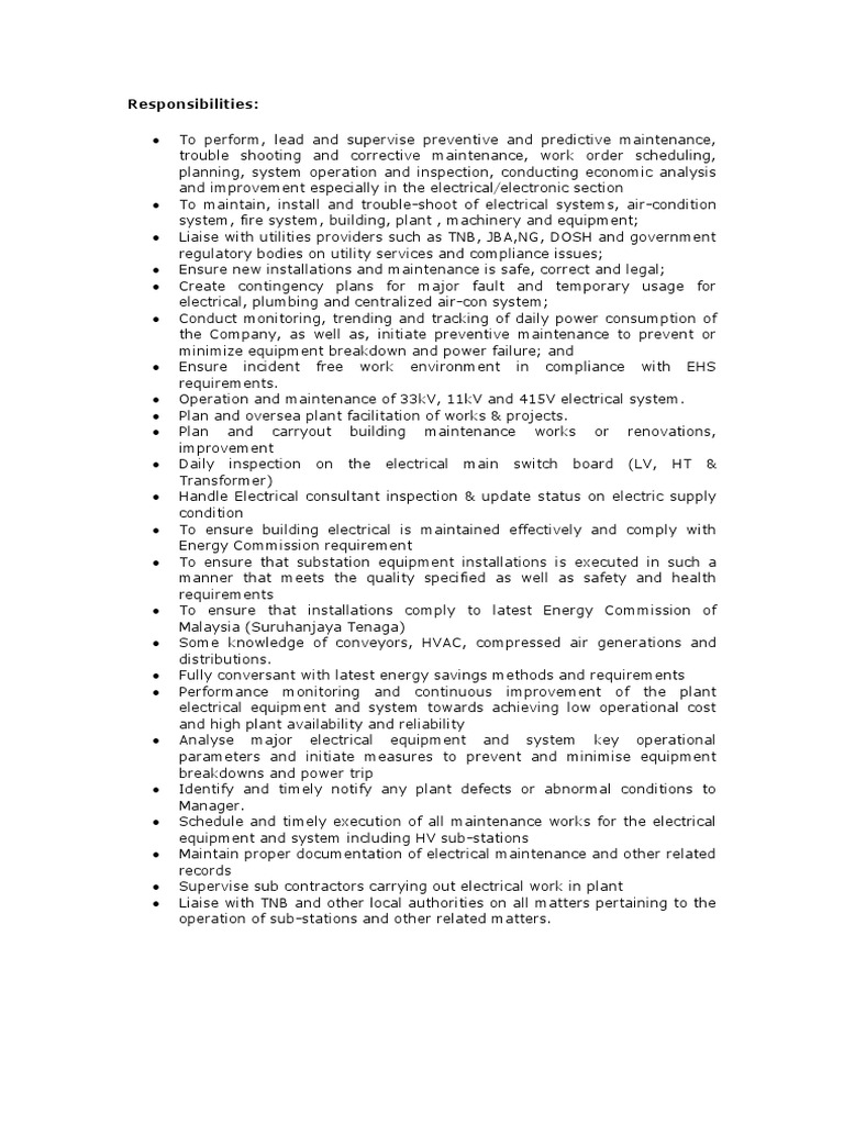 Chargeman Job Discription Jd Pdf Electrical Substation Electrical Engineering