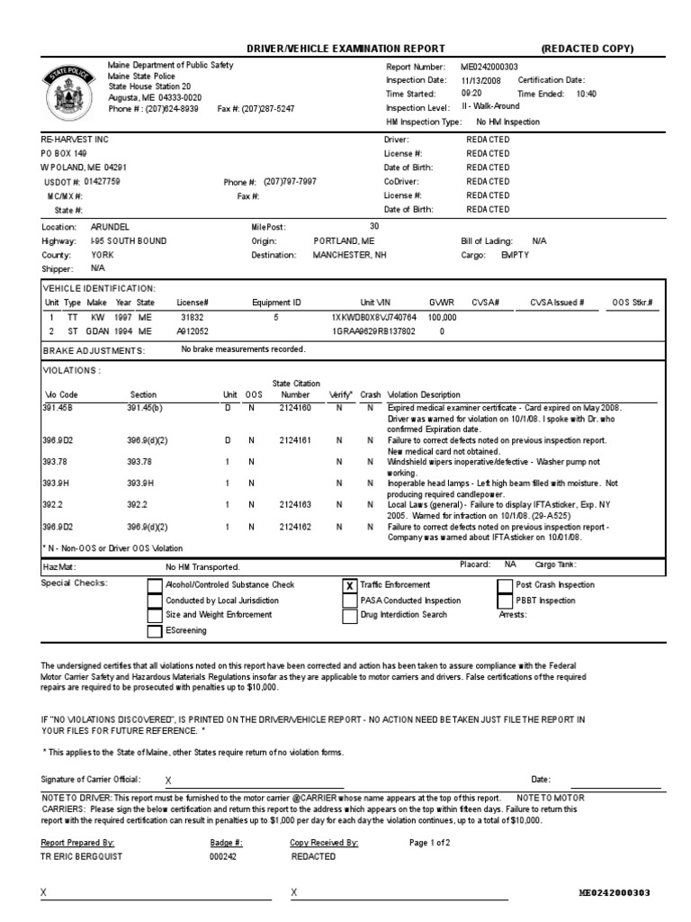 Driver Vehicle Examination Report Summary | PDF | Summons | Dangerous Goods