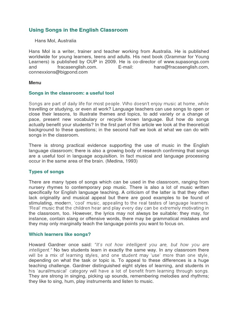 Using Songs in The English Classroom | Download Free PDF | English As A ...