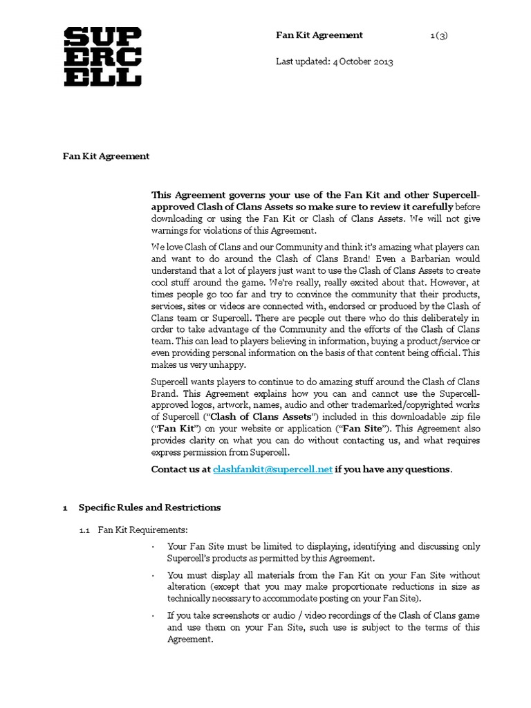 Supercell Fan Kit Agreement 20131004 | PDF | Websites | License