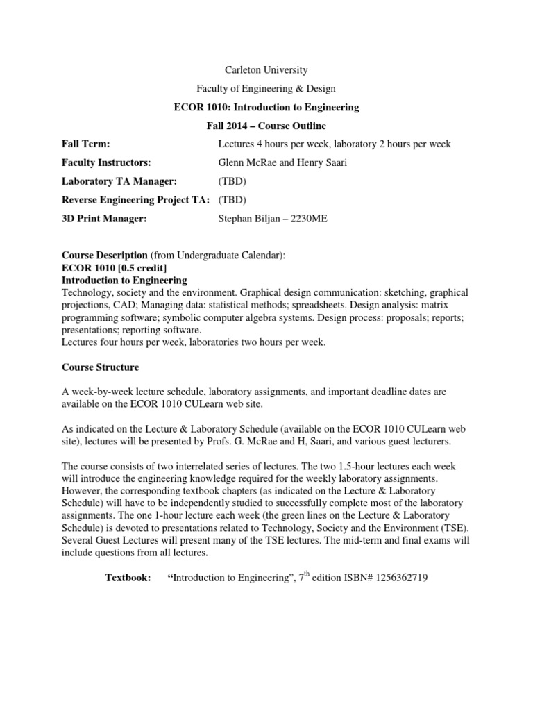 ECOR 1010 Course Outline - Fall 2014cu University | PDF | Attention ...