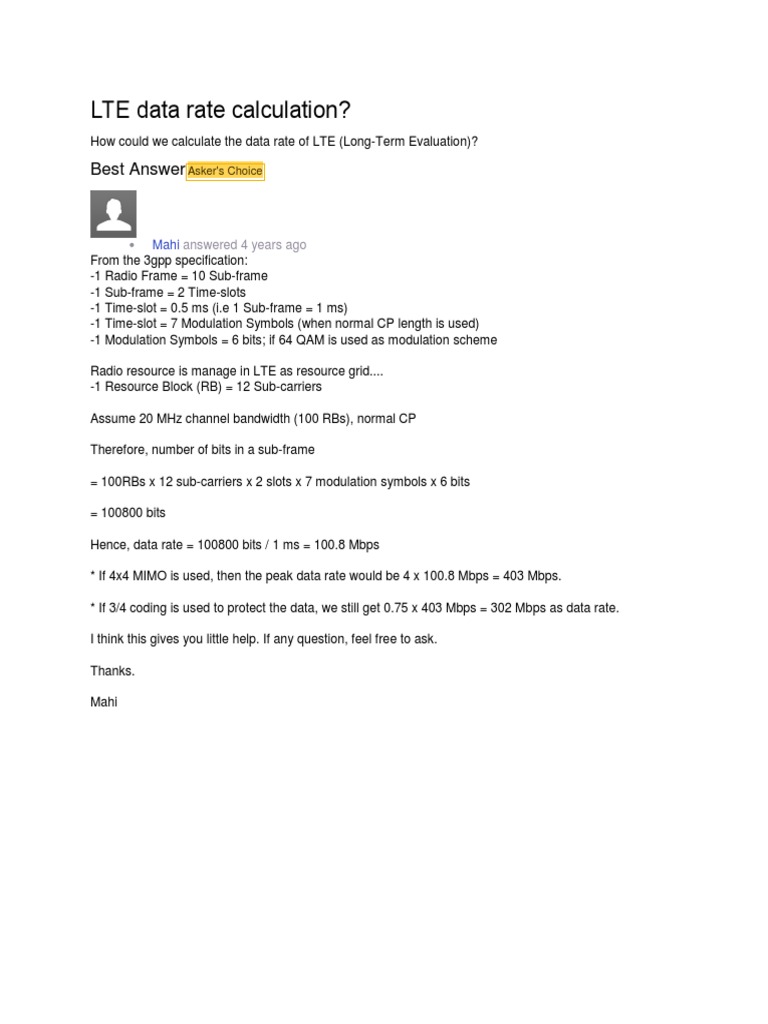 LTE Data Rate Calculation?: Best Answer | PDF | Computers