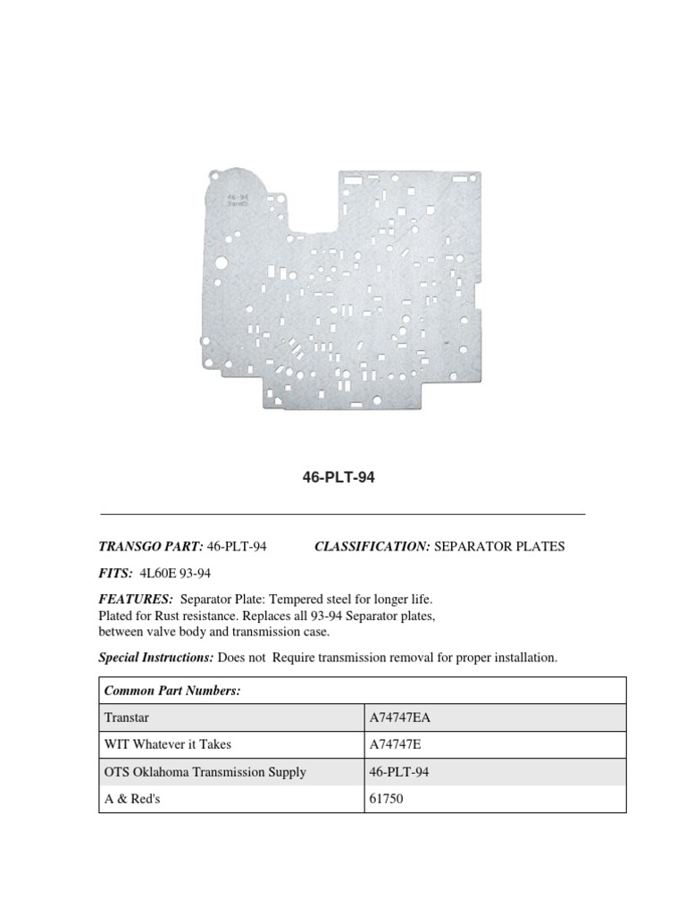 thumbnail image 2 of TransGo Tempered Steel Separator Plate For GM 4L60E | 46-PLT-94 Valve Body 2 of 3