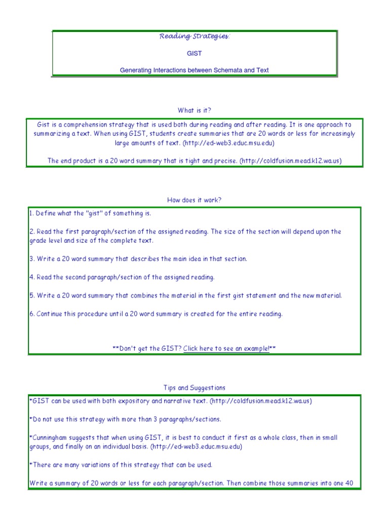 Gist Reading Writing Strategy Reading Comprehension Reading Process