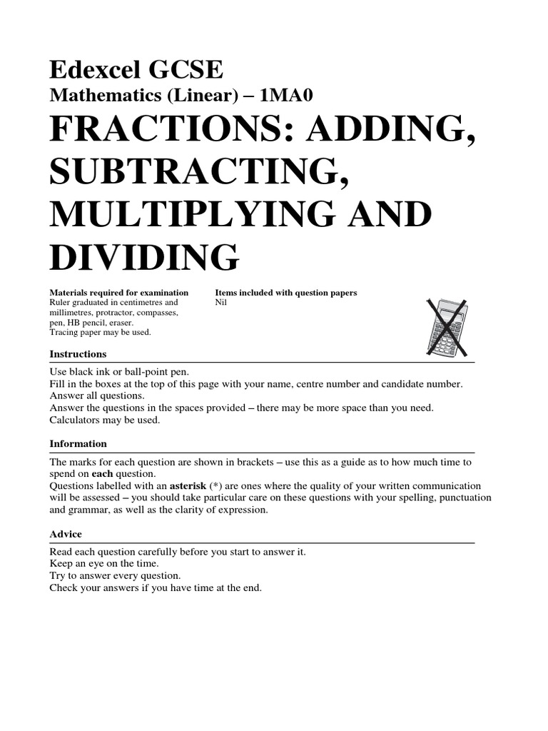 GCSE Fractions: Operations Practice | PDF | Fraction (Mathematics ...