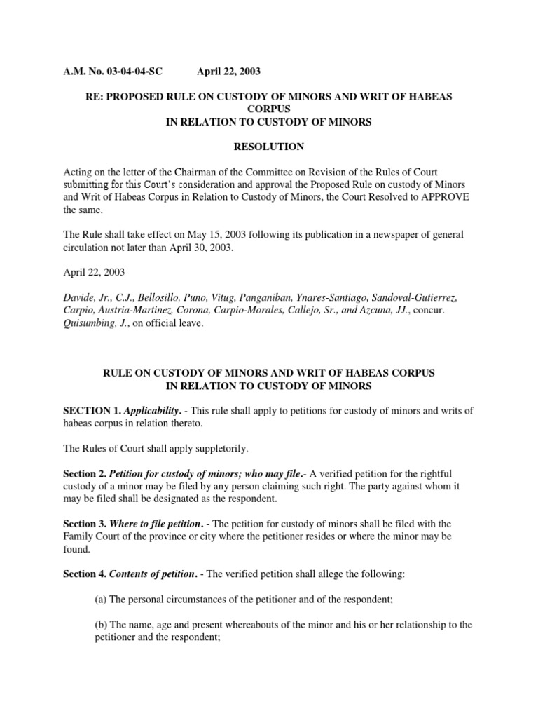 Habeas Corpus For Minors Child Custody Contact Law