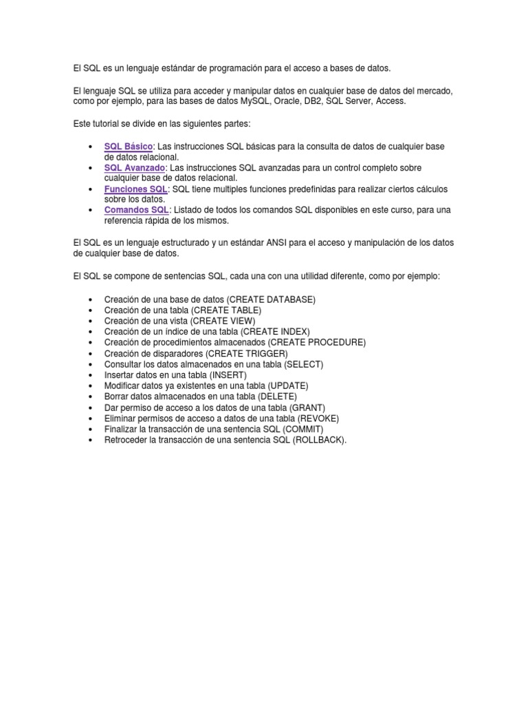 El SQL Es Un Lenguaje Estándar de Programación para El Acceso A Bases ...