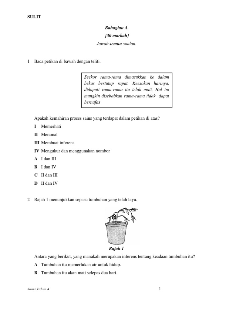 Kertas Soalan Sains Tahun 4 Semester 1