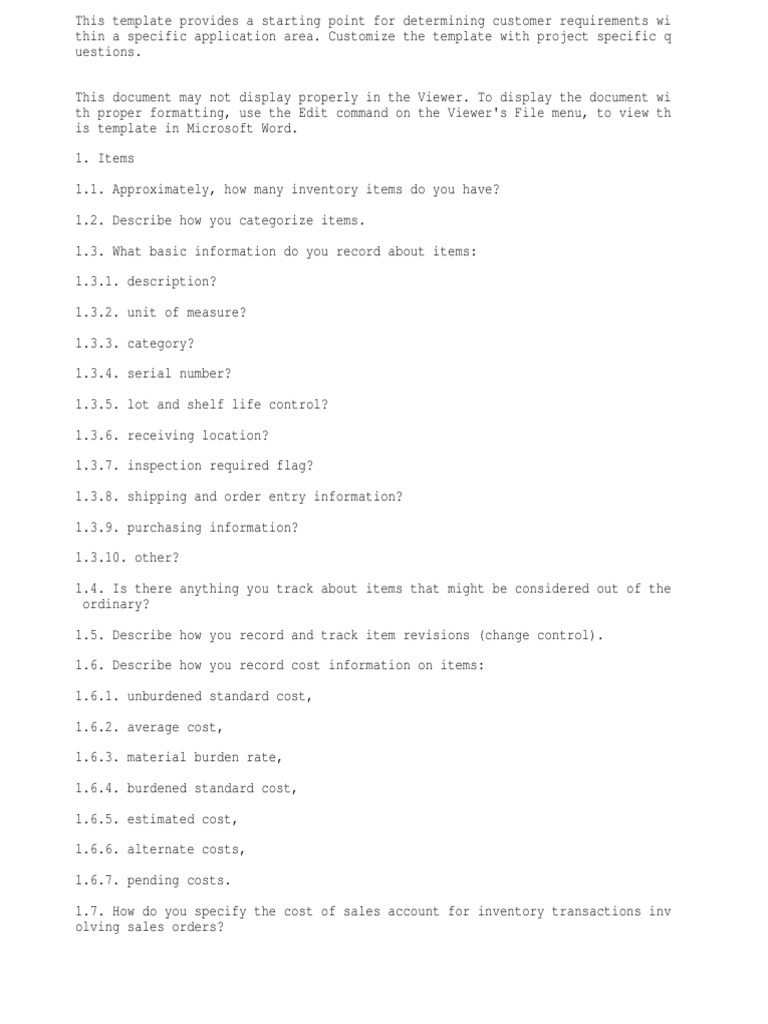Inventory Questionnaire | Inventory | Forecasting