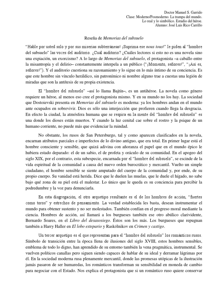 Reseña Memorias Del Subsuelo Pdf Fiódor Dostoievski Crimen Y Castigo