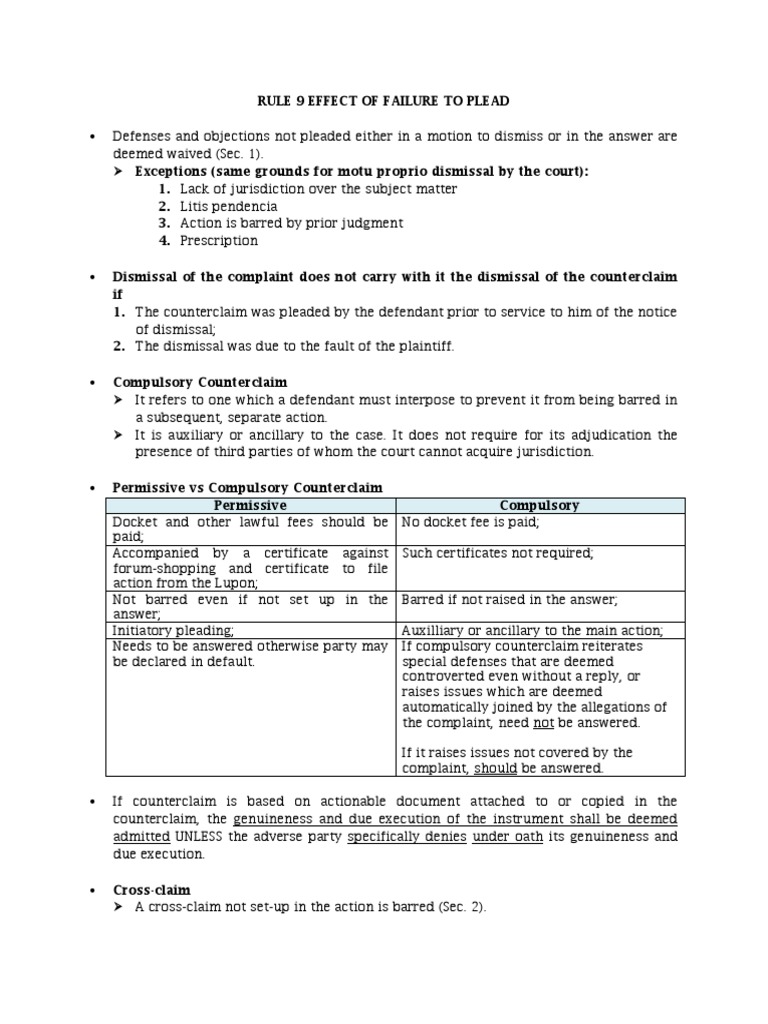 Rule 9: Consequences of Pleading Failures | PDF | Pleading | Complaint