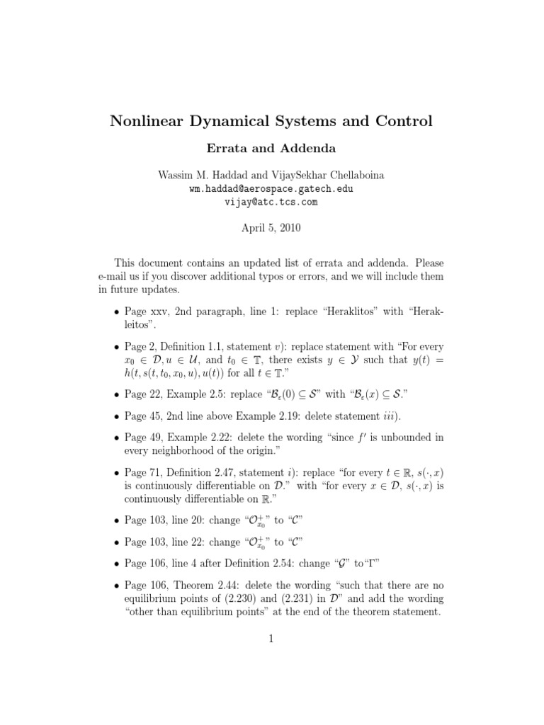 Errata for Nonlinear Control Systems | PDF | Mathematical Objects ...
