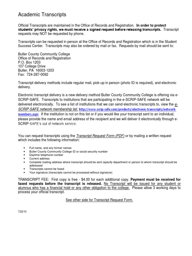 Transcript Request | Post Office Box | Email