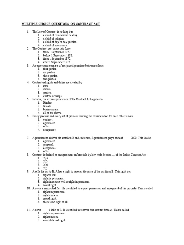 Multiple Choice Questions Business Law Civil Law (Legal System)