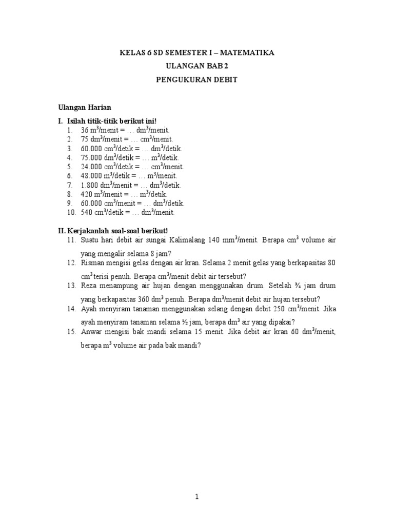 17 Contoh Soal Pengukuran Debit Kelas 6 Kumpulan Contoh Soal