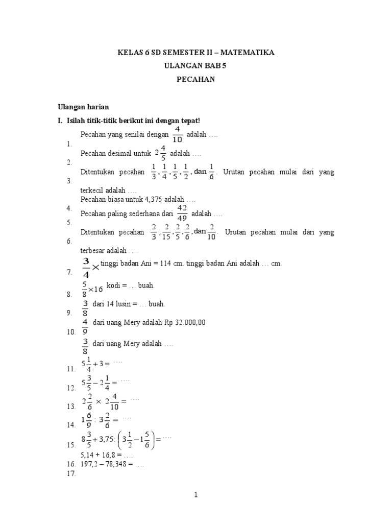Kumpulan Contoh Soal Contoh Soal Pecahan Kelas 5