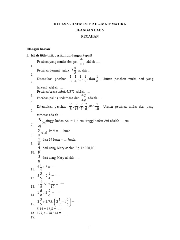 Soal Matematika Kelas 6 Sd Semester Ii Ulangan Bab 5 Pecahan I Pdf