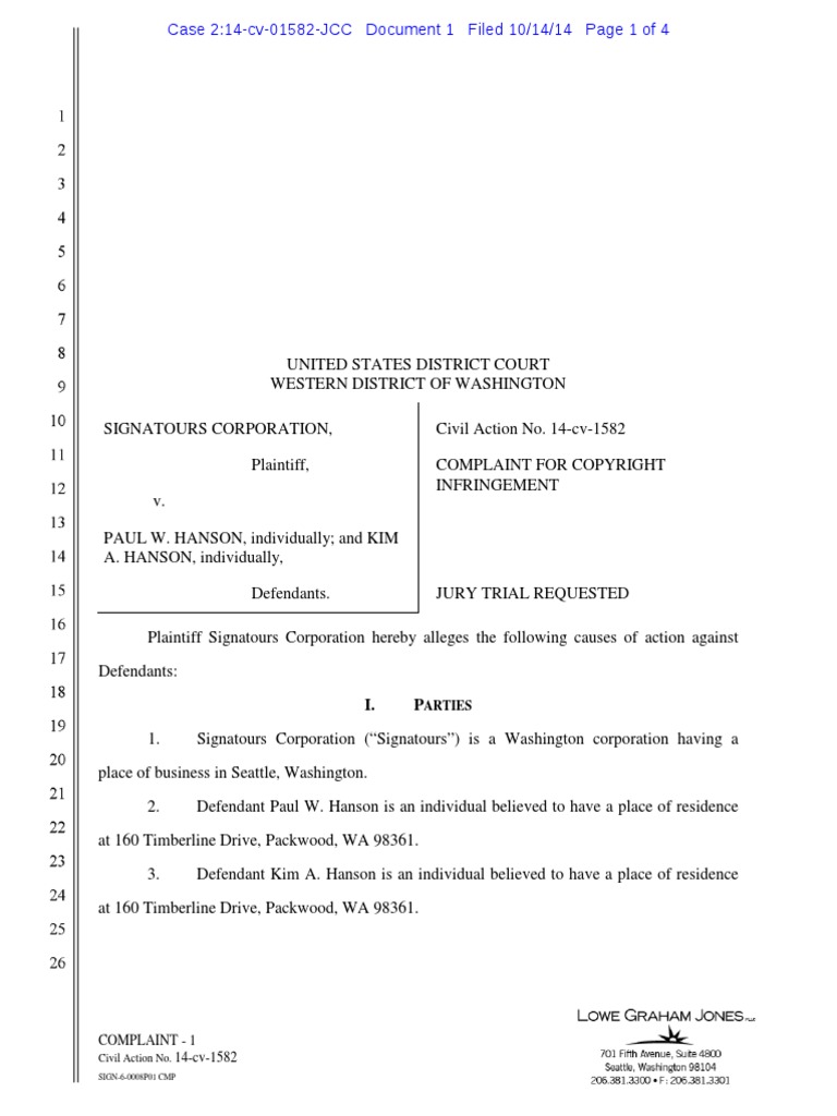Signatours vs. Hanson: Copyright Infringement | PDF | Copyright | Lawsuit