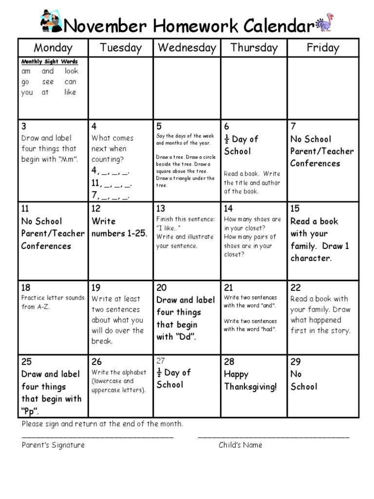 November Homework Calendar Activities | PDF